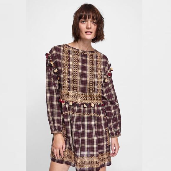 Zara Burgundy Plaid Embroidered Pom Pom Dress Size Small - Picture 2 of 14